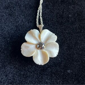 Forget-Me-Not 1” Flower Pendant Hand Carved Bovine Bone 18” Sterling Chain Vtg